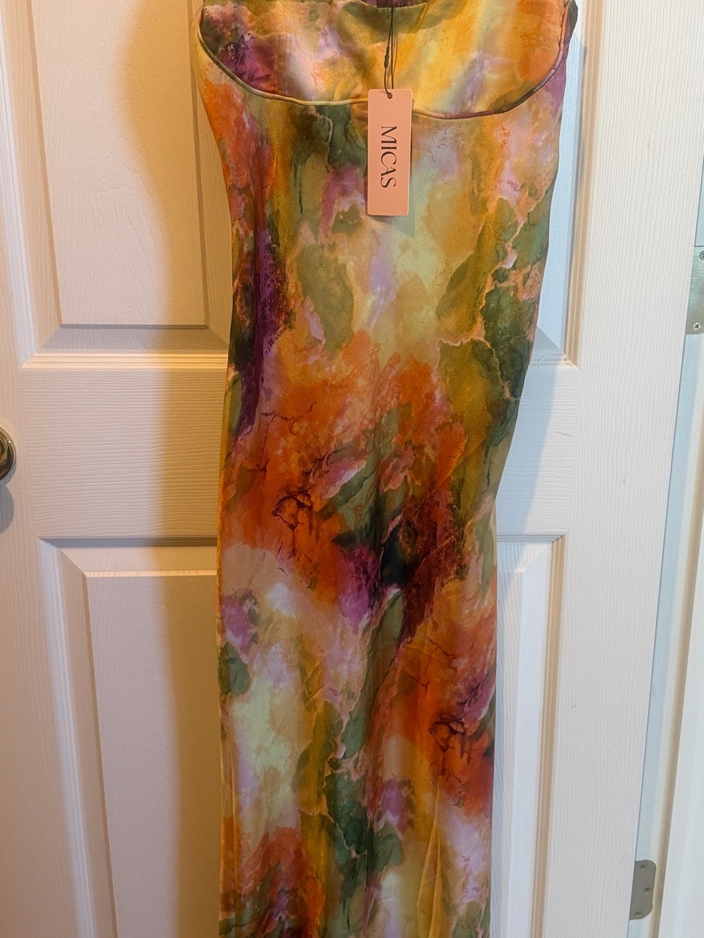MICAS Multicolor Watercolor Maxi Slip Dress in Orange & Green